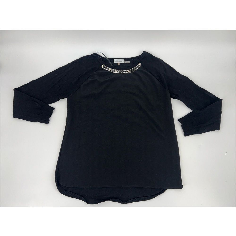 Calvin Klein Black Top with Beaded Neckline Size Medium Missing Stone !